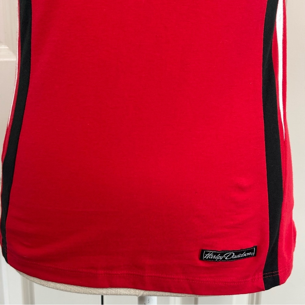 Harley Davidson Red Tank Top Bar & Shield Feel The Heat Logo Racing Stripes Sz M - Picture 3 of 10